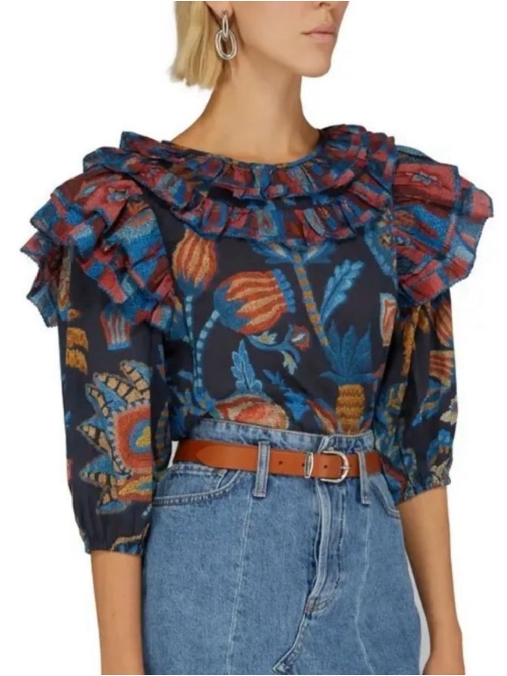 Farm Rio Women’s Ruffle Neck Puff-Sleeve Blouse Size Medium